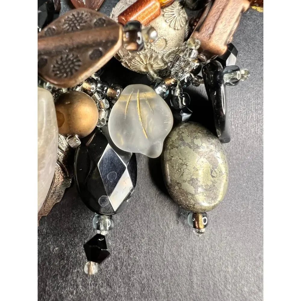 Artisan Copper Wire Necklace Glass Onyx Pyrite Amber Pearl 17”
